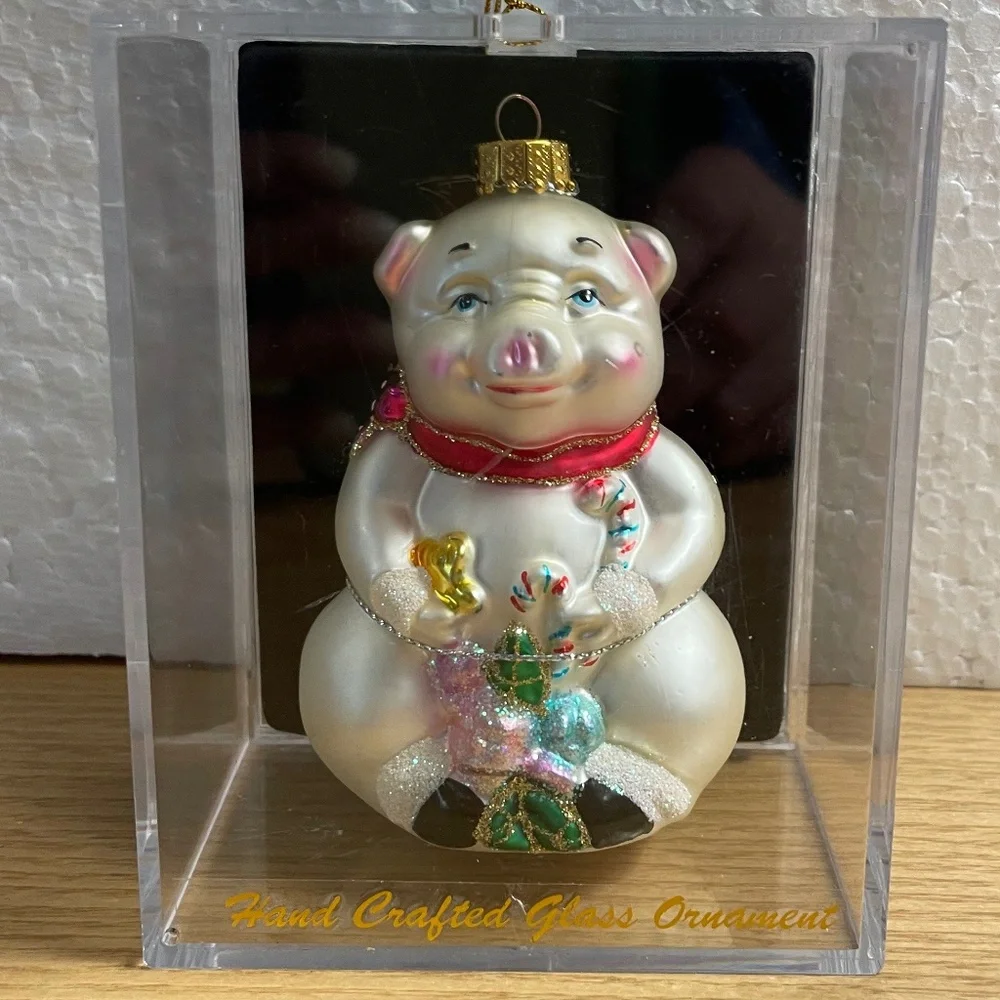 Blown Glass Pig Christmas Ornament Hand Painted w Display Case Super Cute!